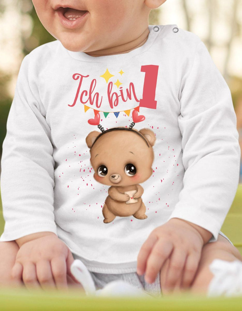 Baby / Kinder Longsleeve mit Spruch Ich bin Eins 1 Bär mit Herz - von Mikalino