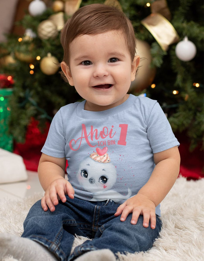 Baby / Kinder T-Shirt mit Spruch Ich bin Eins 1 Süße Robbe - von Mikalino