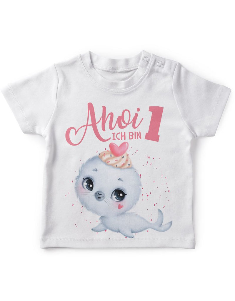 Baby / Kinder T-Shirt mit Spruch Ich bin Eins 1 Süße Robbe - von Mikalino