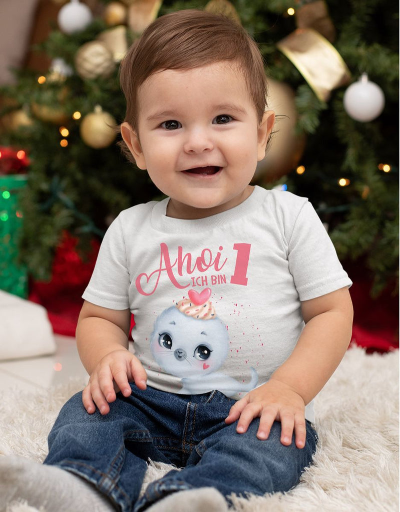 Baby / Kinder T-Shirt mit Spruch Ich bin Eins 1 Süße Robbe - von Mikalino