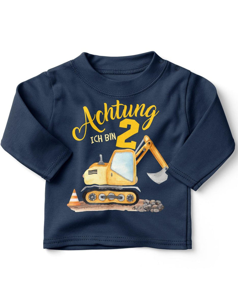 Baby / Kinder Longsleeve mit Spruch Achtung ich bin Zwei 2 Bagger Schaufelbagger - von Mikalino