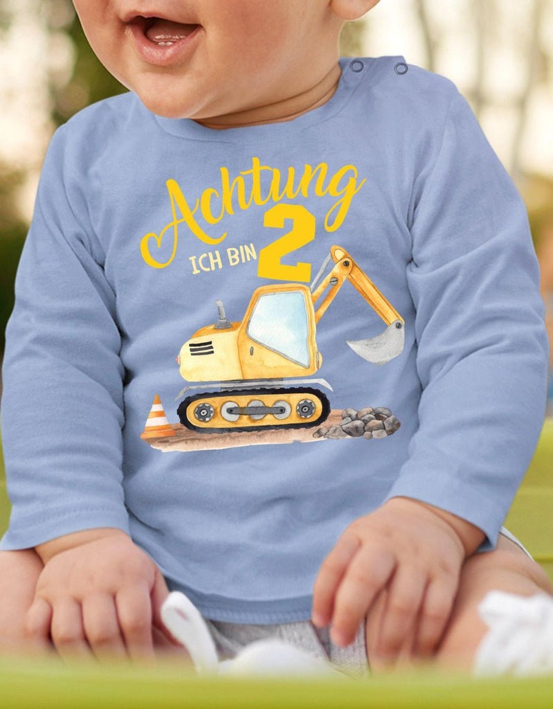 Baby / Kinder Longsleeve mit Spruch Achtung ich bin Zwei 2 Bagger Schaufelbagger - von Mikalino