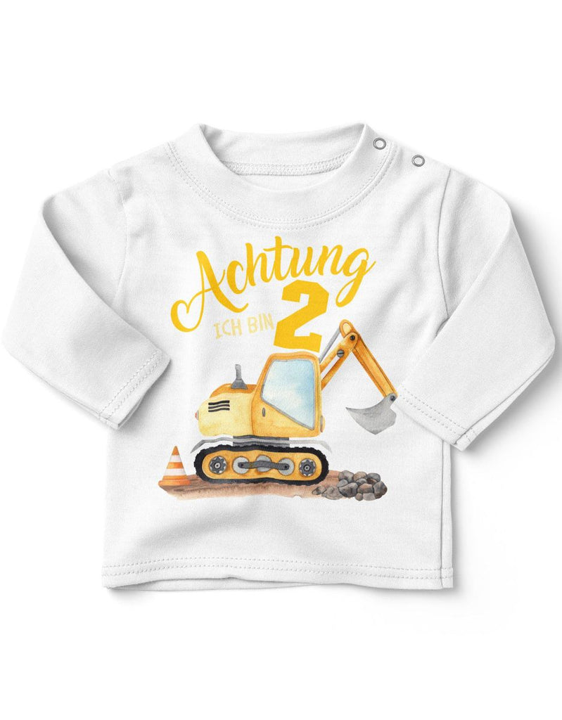 Baby / Kinder Longsleeve mit Spruch Achtung ich bin Zwei 2 Bagger Schaufelbagger - von Mikalino