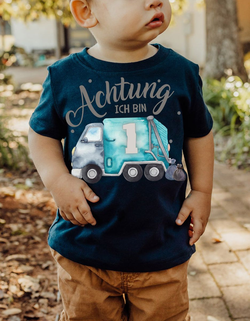 Baby / Kinder T-Shirt mit Spruch Achtung ich bin Eins 1 Müllabfuhr - von Mikalino