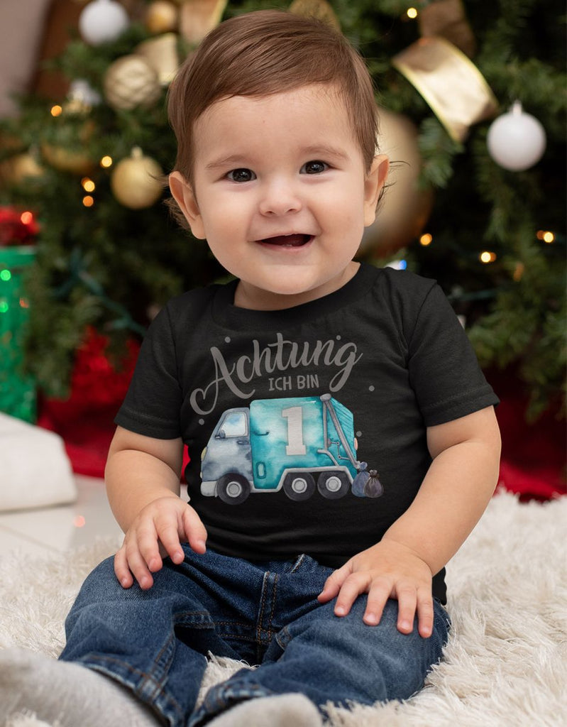 Baby / Kinder T-Shirt mit Spruch Achtung ich bin Eins 1 Müllabfuhr - von Mikalino