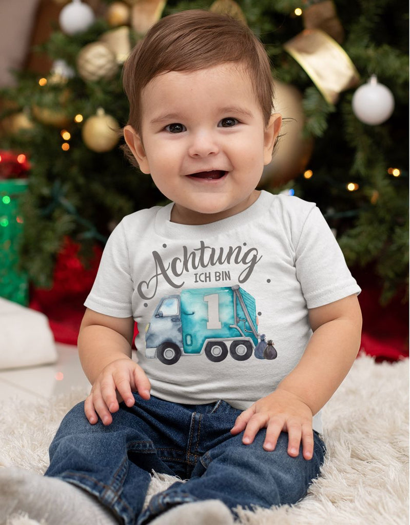 Baby / Kinder T-Shirt mit Spruch Achtung ich bin Eins 1 Müllabfuhr - von Mikalino