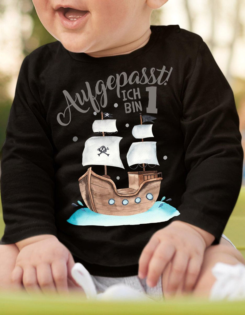 Baby / Kinder Longsleeve mit Spruch Aufgepasst ich bin Eins 1 Pirat - von Mikalino