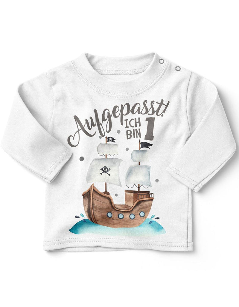 Baby / Kinder Longsleeve mit Spruch Aufgepasst ich bin Eins 1 Pirat - von Mikalino