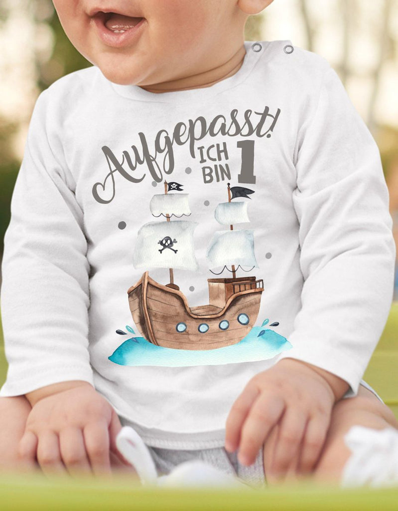 Baby / Kinder Longsleeve mit Spruch Aufgepasst ich bin Eins 1 Pirat - von Mikalino