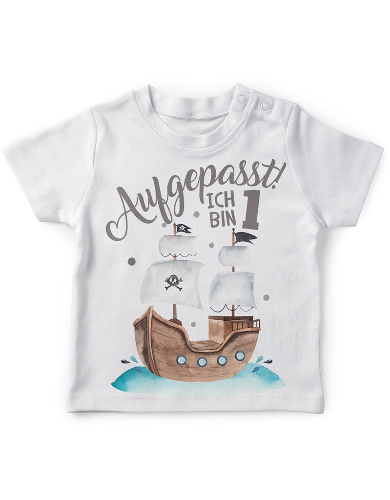 Baby / Kinder T-Shirt mit Spruch Aufgepasst ich bin Eins 1 Pirat - von Mikalino