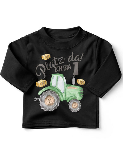 Baby / Kinder Longsleeve mit Spruch Platz Da ich bin Eins 1 Traktor Heuballen - von Mikalino