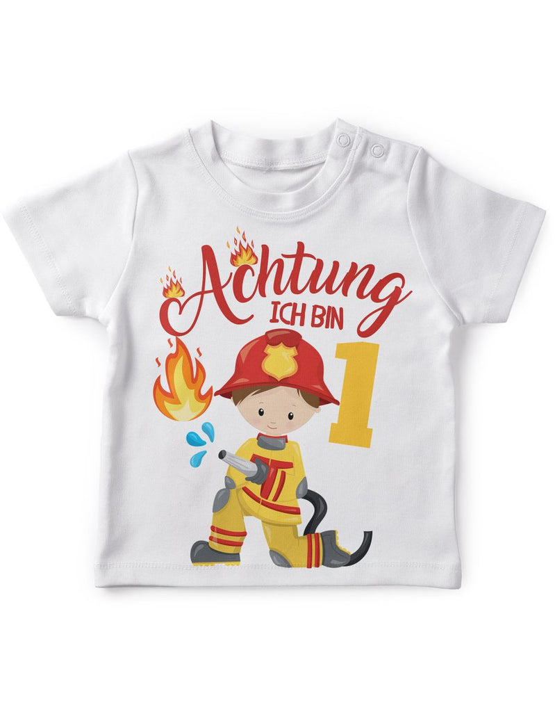 Baby / Kinder T-Shirt mit Spruch Achtung ich bin 1 Eins Feuerwehr - von Mikalino