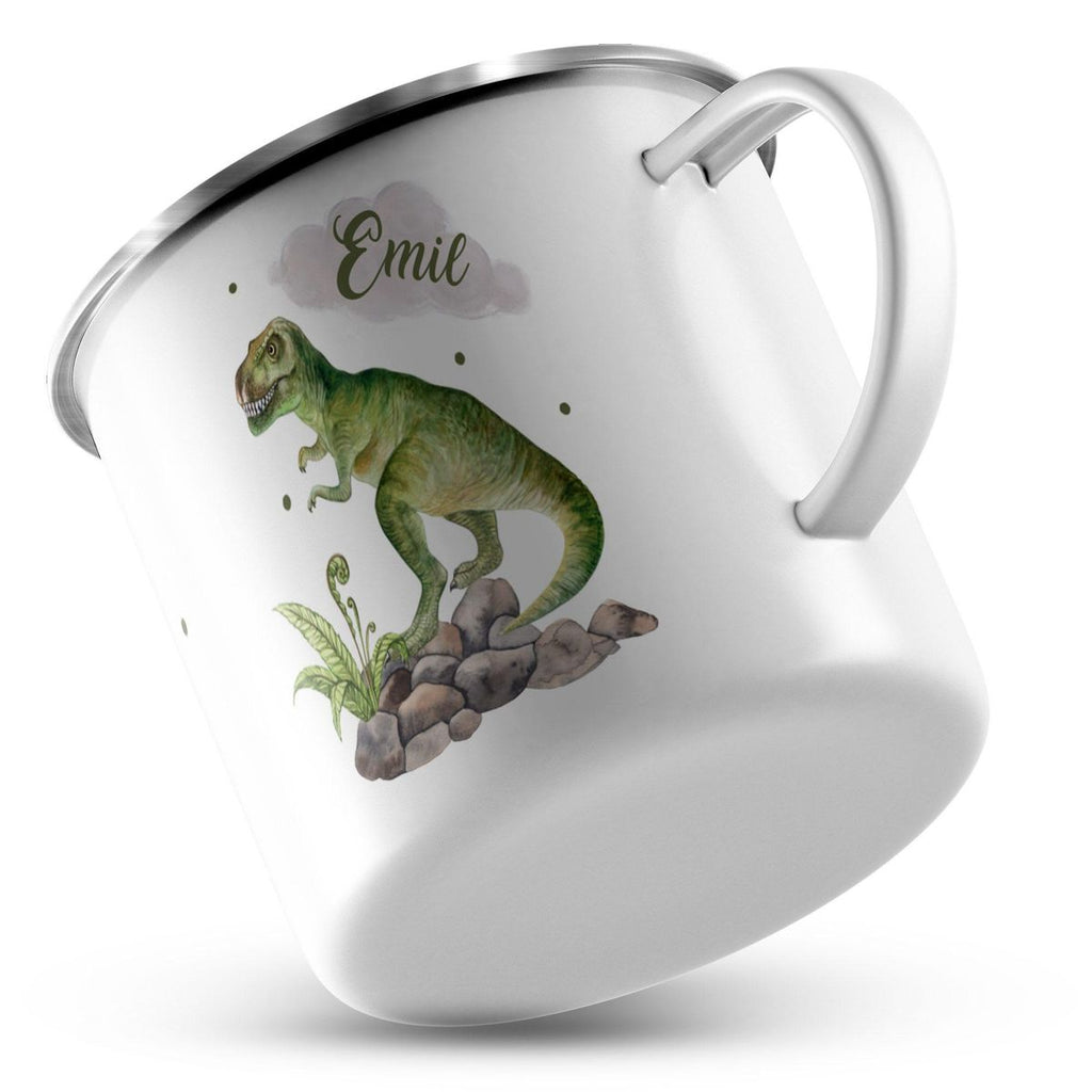 Emaille Tasse Gefährlicher Dinosaurier mit Wunschname - von Mikalino