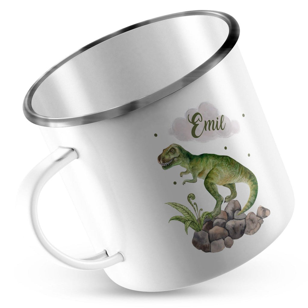 Emaille Tasse Gefährlicher Dinosaurier mit Wunschname - von Mikalino