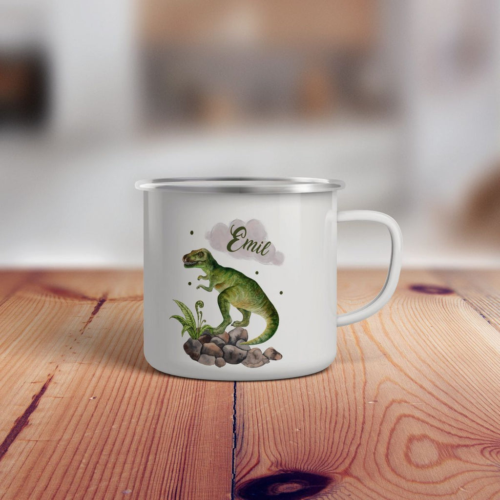 Emaille Tasse Gefährlicher Dinosaurier mit Wunschname - von Mikalino