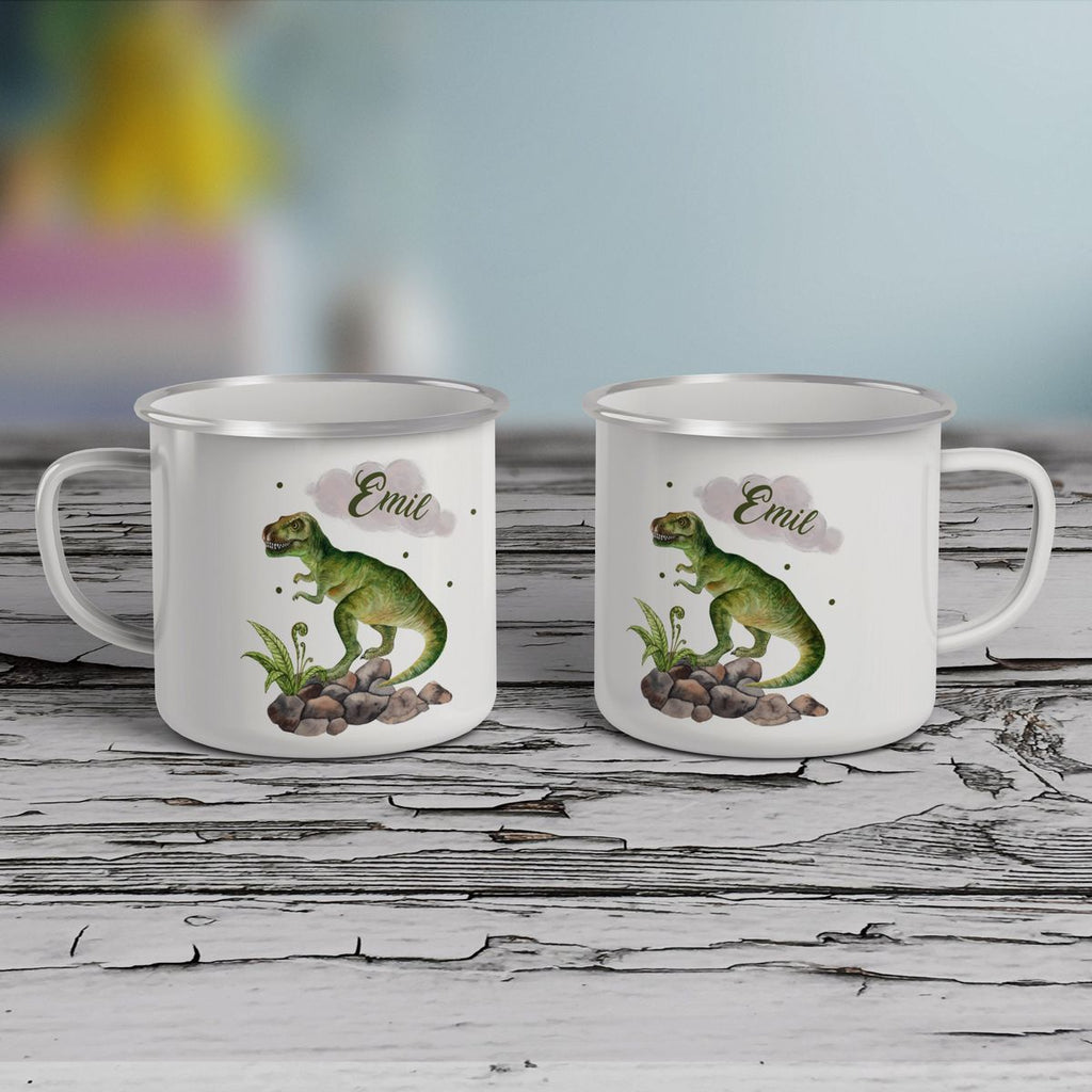 Emaille Tasse Gefährlicher Dinosaurier mit Wunschname - von Mikalino