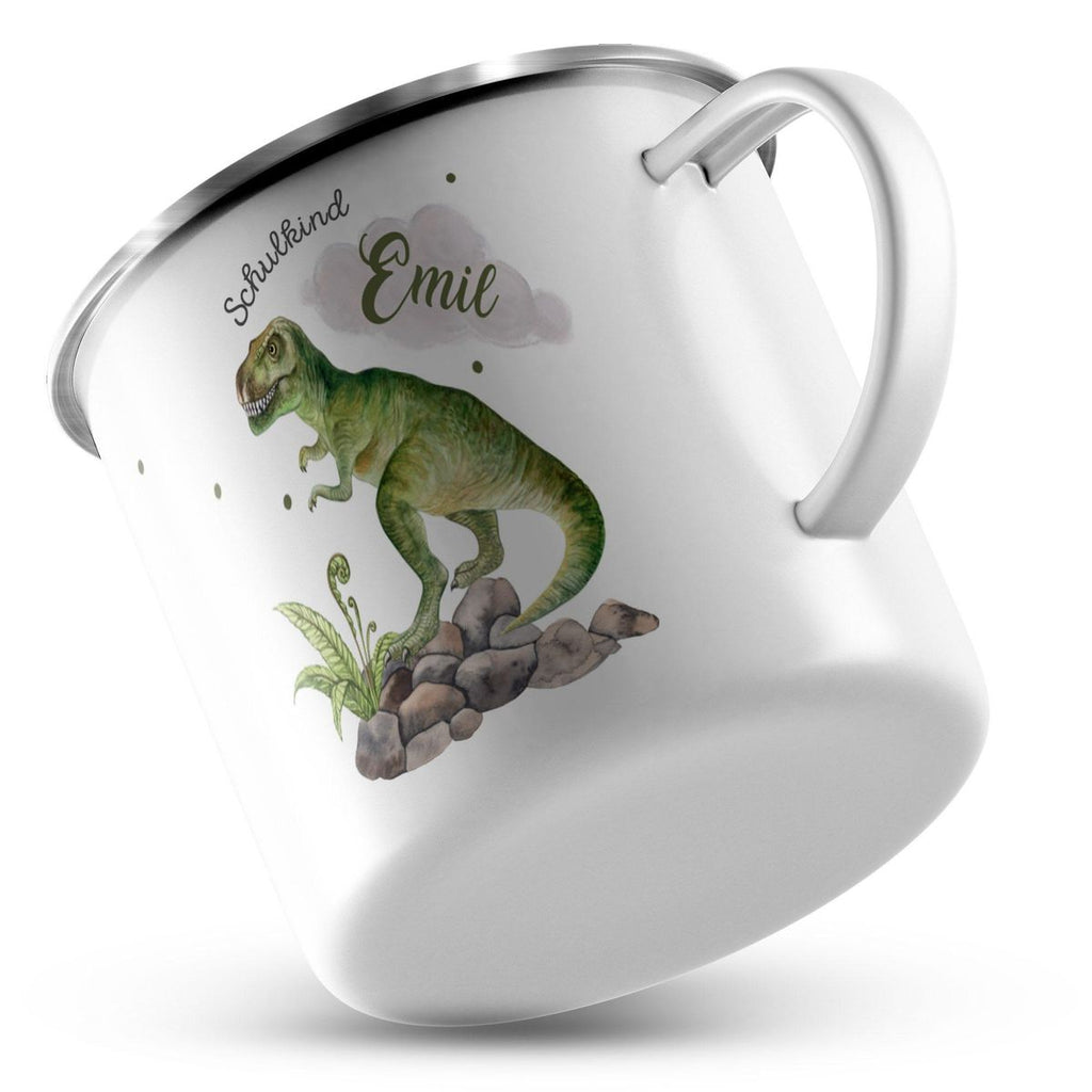 Emaille Tasse Schulkind Gefährlicher Dinosaurier mit Wunschname - von Mikalino