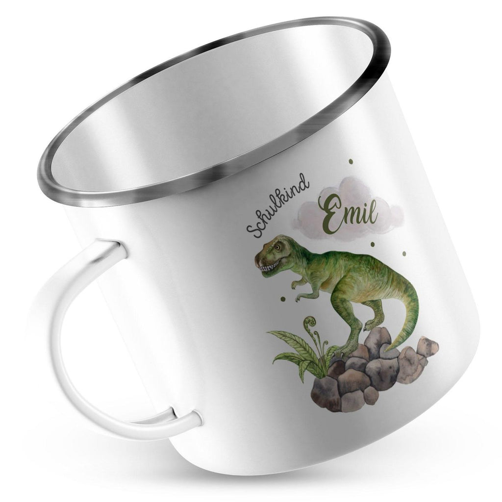 Emaille Tasse Schulkind Gefährlicher Dinosaurier mit Wunschname - von Mikalino