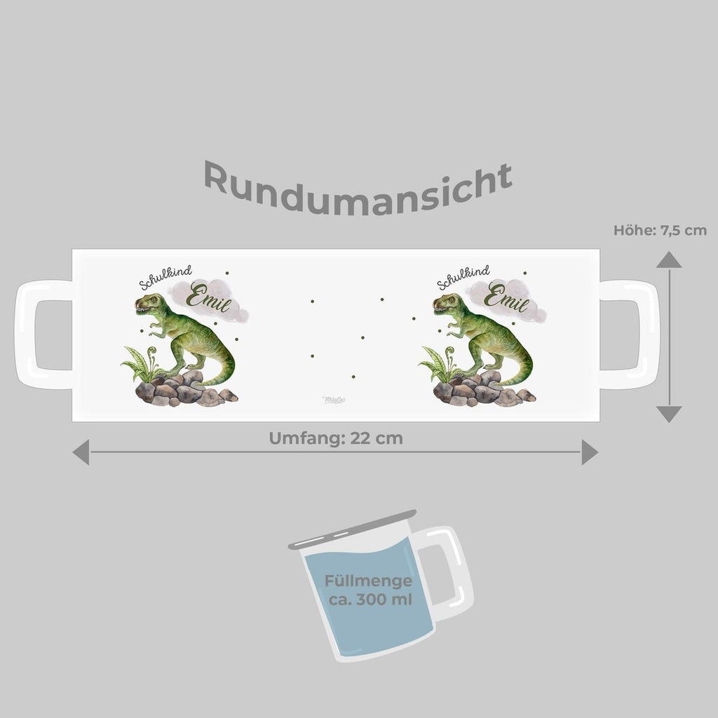 Emaille Tasse Schulkind Gefährlicher Dinosaurier mit Wunschname - von Mikalino