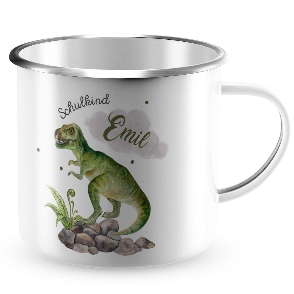 Emaille Tasse Schulkind Gefährlicher Dinosaurier mit Wunschname - von Mikalino