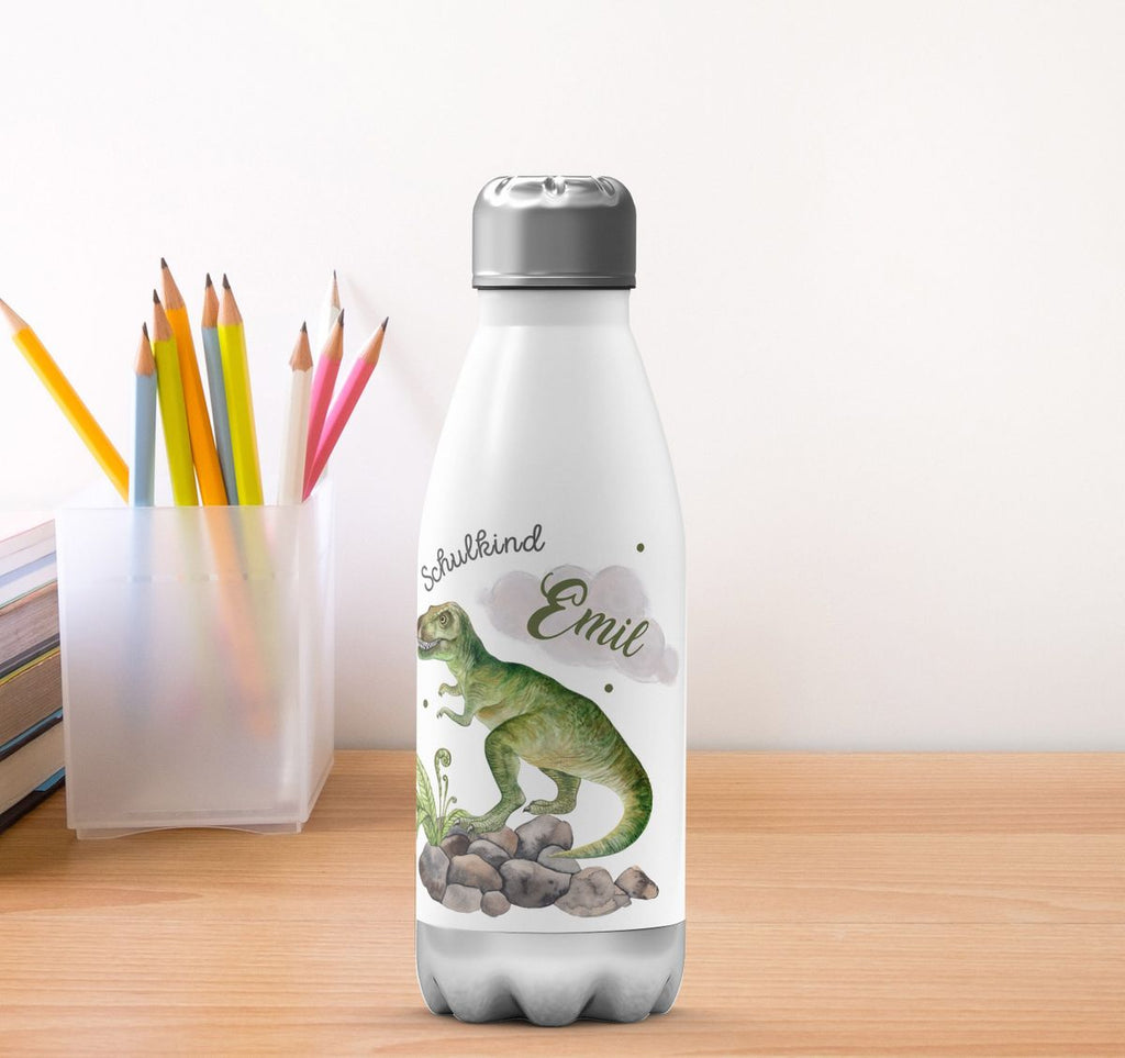 Thermo Trinkflasche Schulkind Gefährlicher Dinosaurier mit Wunschnamen - von Mikalino