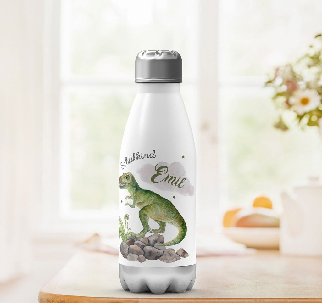 Thermo Trinkflasche Schulkind Gefährlicher Dinosaurier mit Wunschnamen - von Mikalino