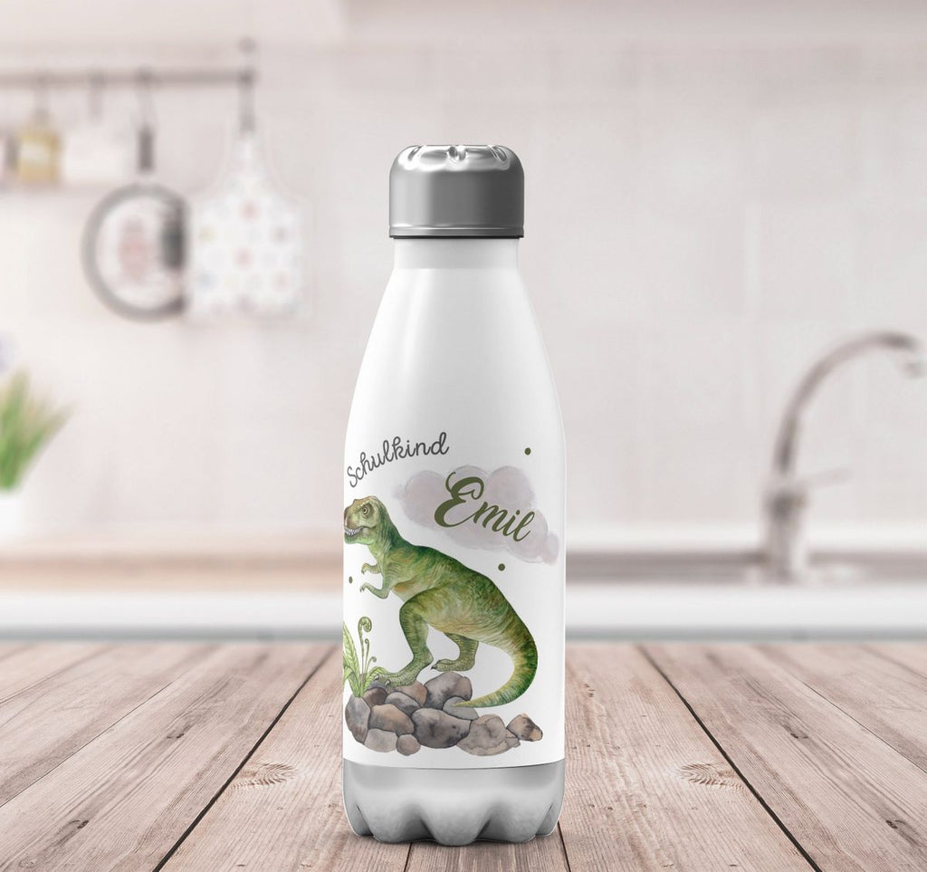 Thermo Trinkflasche Schulkind Gefährlicher Dinosaurier mit Wunschnamen - von Mikalino