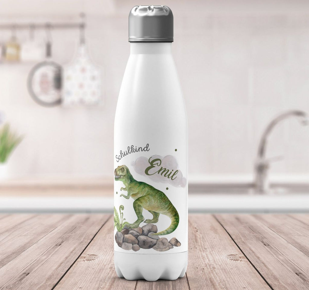 Thermo Trinkflasche Schulkind Gefährlicher Dinosaurier mit Wunschnamen - von Mikalino