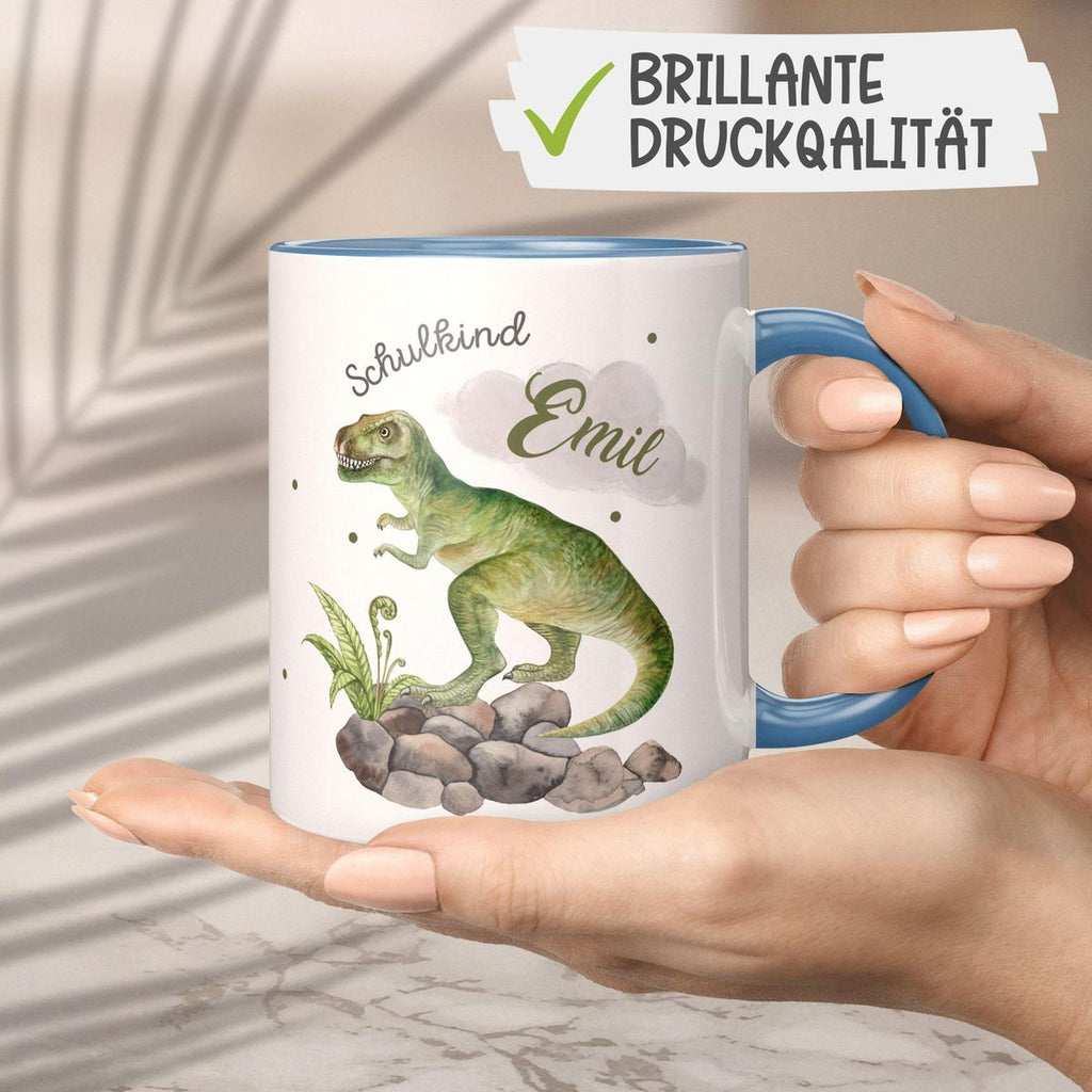 Keramik Tasse Schulkind Gefährlicher Dinosaurier mit Wunschnamen - von Mikalino