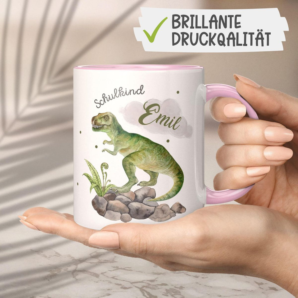 Keramik Tasse Schulkind Gefährlicher Dinosaurier mit Wunschnamen - von Mikalino