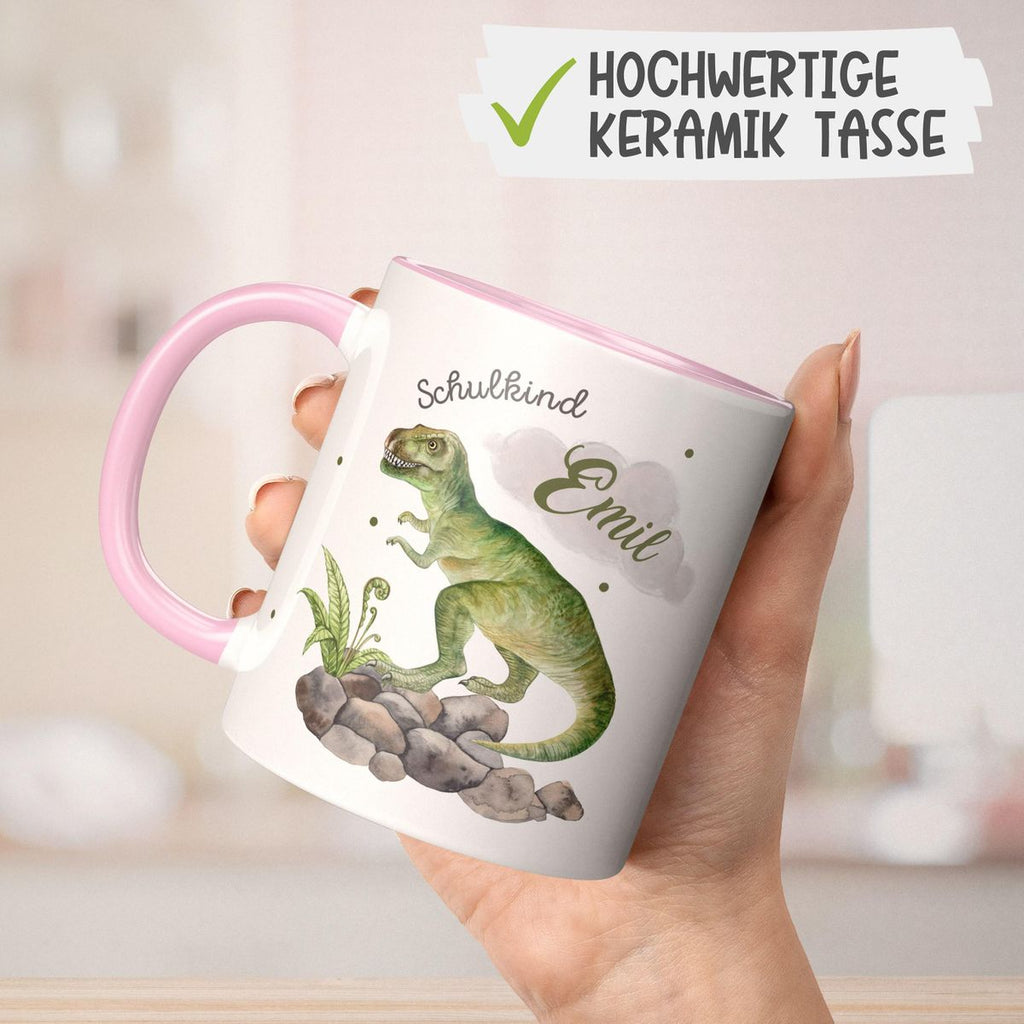 Keramik Tasse Schulkind Gefährlicher Dinosaurier mit Wunschnamen - von Mikalino