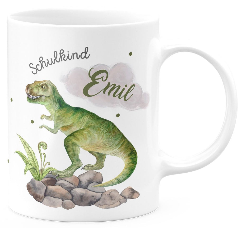 Keramik Tasse Schulkind Gefährlicher Dinosaurier mit Wunschnamen - von Mikalino