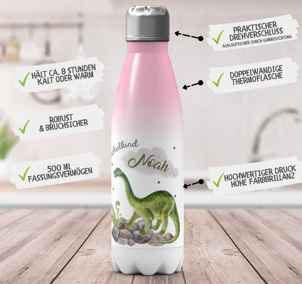 Thermo Trinkflasche Schulkind Brachiosaurus Dinosaurier mit Wunschname - von Mikalino