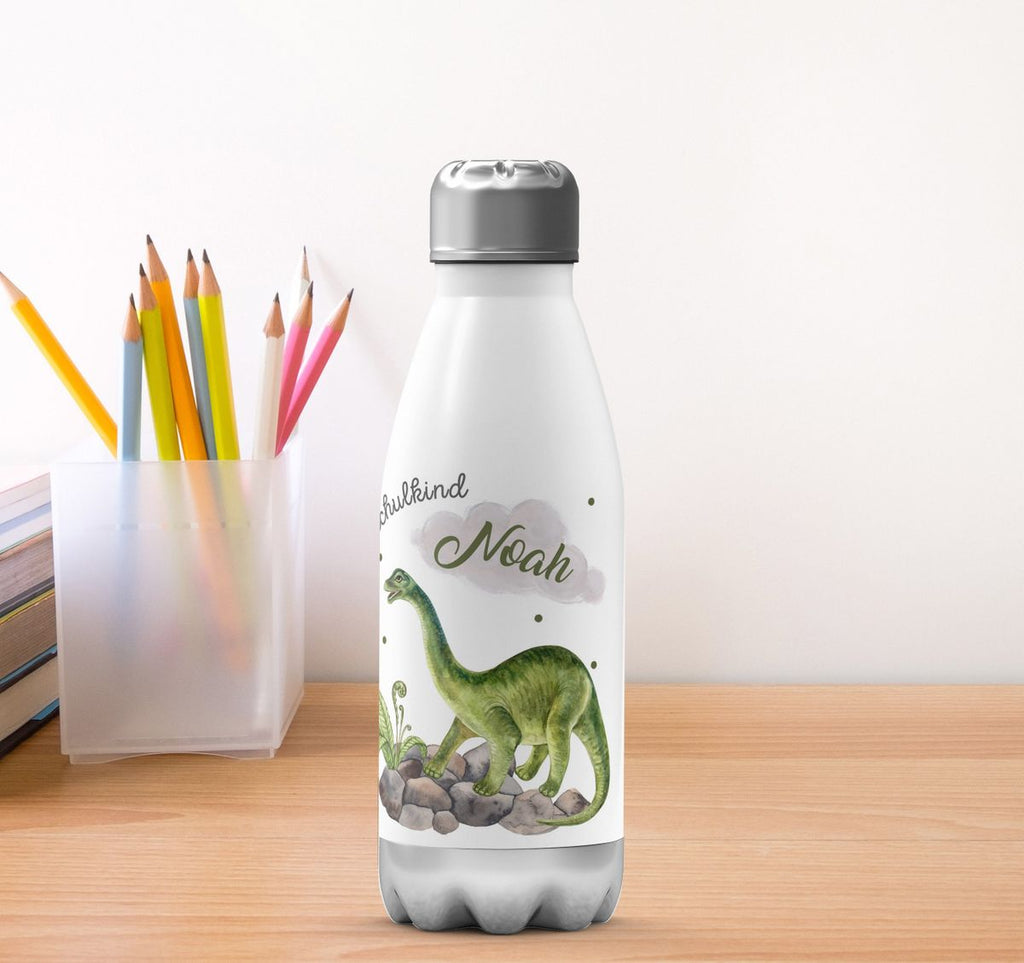 Thermo Trinkflasche Schulkind Brachiosaurus Dinosaurier mit Wunschname - von Mikalino