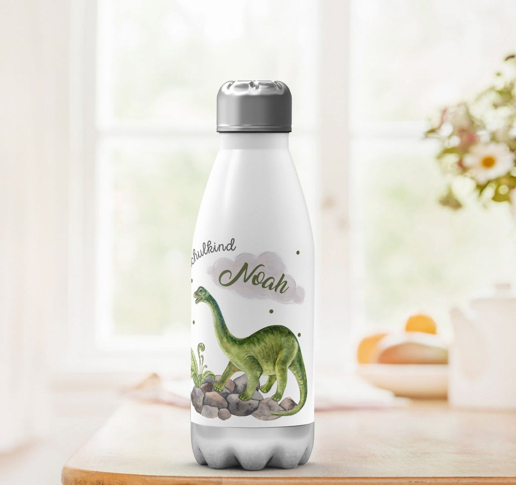 Thermo Trinkflasche Schulkind Brachiosaurus Dinosaurier mit Wunschname - von Mikalino