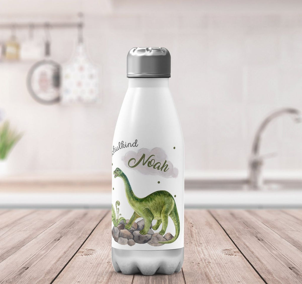 Thermo Trinkflasche Schulkind Brachiosaurus Dinosaurier mit Wunschname - von Mikalino