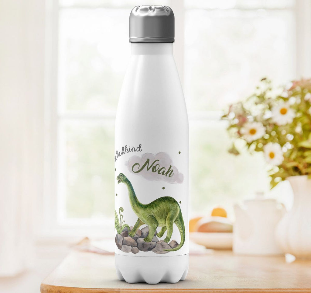 Thermo Trinkflasche Schulkind Brachiosaurus Dinosaurier mit Wunschname - von Mikalino