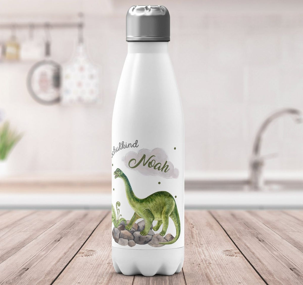 Thermo Trinkflasche Schulkind Brachiosaurus Dinosaurier mit Wunschname - von Mikalino