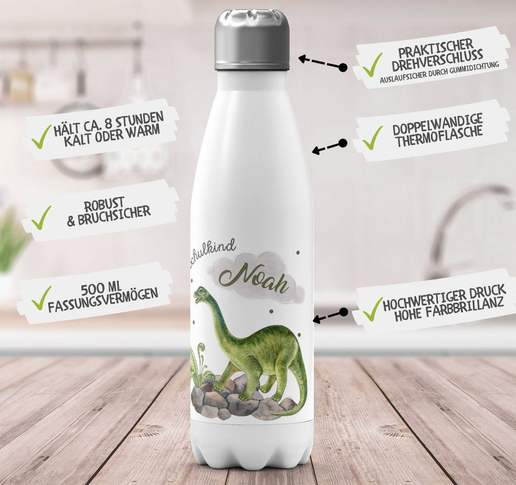 Thermo Trinkflasche Schulkind Brachiosaurus Dinosaurier mit Wunschname - von Mikalino