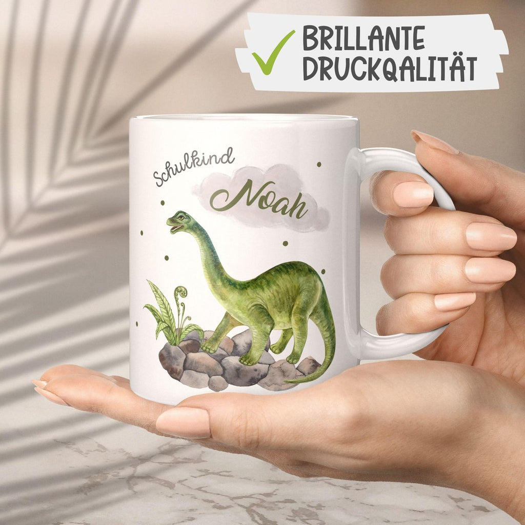 Keramik Tasse Schulkind Brachiosaurus Dinosaurier mit Wunschname - von Mikalino