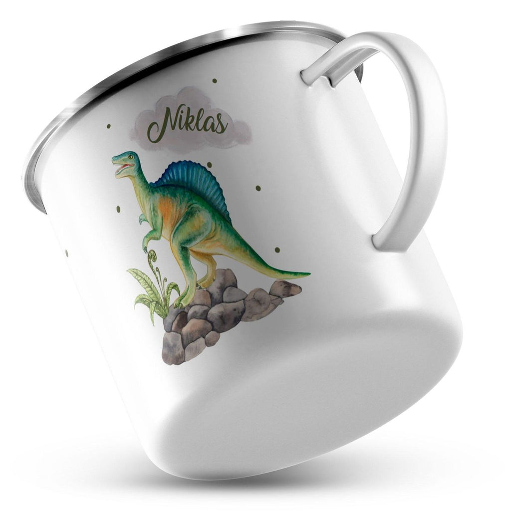 Emaille Tasse Spinosaurus Dinosaurier mit Wunschname - von Mikalino