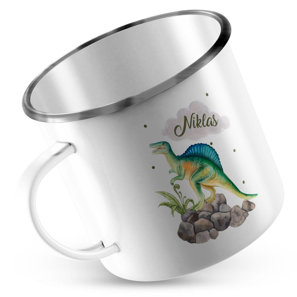 Emaille Tasse Spinosaurus Dinosaurier mit Wunschname - von Mikalino