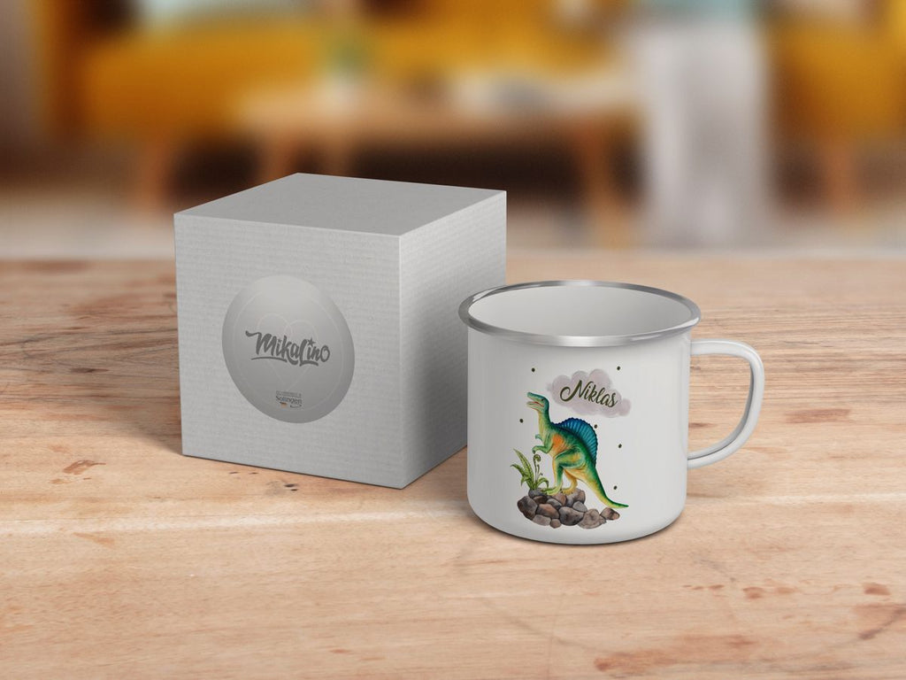 Emaille Tasse Spinosaurus Dinosaurier mit Wunschname - von Mikalino