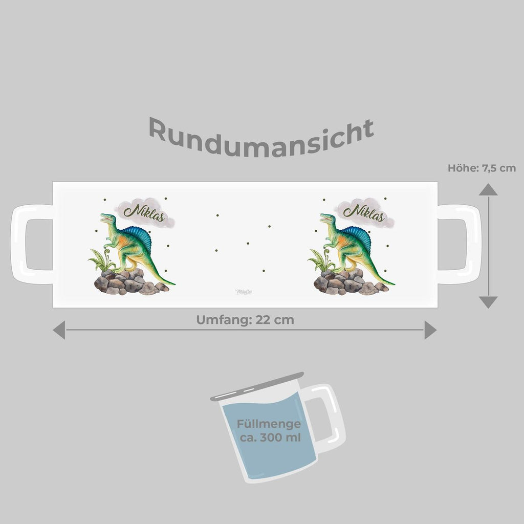 Emaille Tasse Spinosaurus Dinosaurier mit Wunschname - von Mikalino