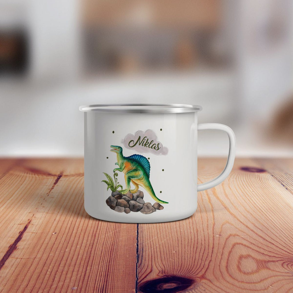 Emaille Tasse Spinosaurus Dinosaurier mit Wunschname - von Mikalino