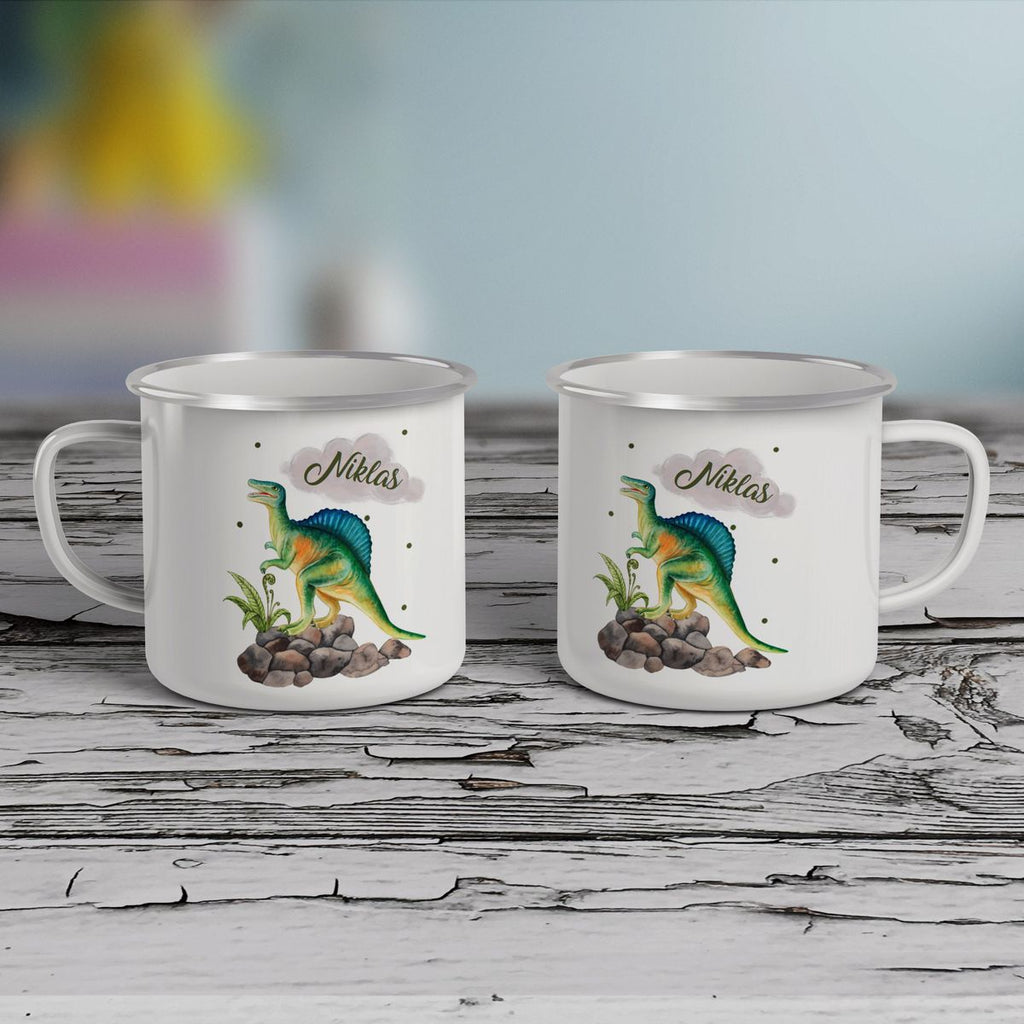 Emaille Tasse Spinosaurus Dinosaurier mit Wunschname - von Mikalino