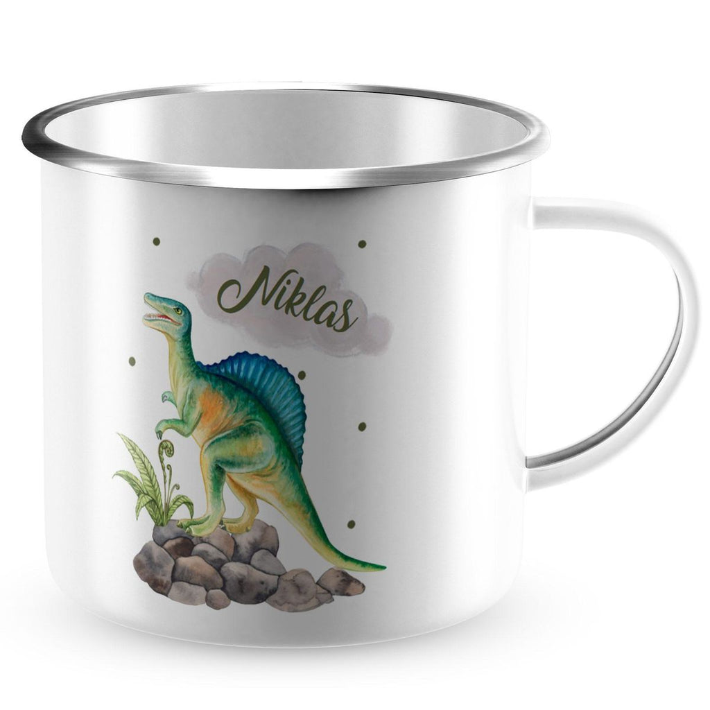 Emaille Tasse Spinosaurus Dinosaurier mit Wunschname - von Mikalino