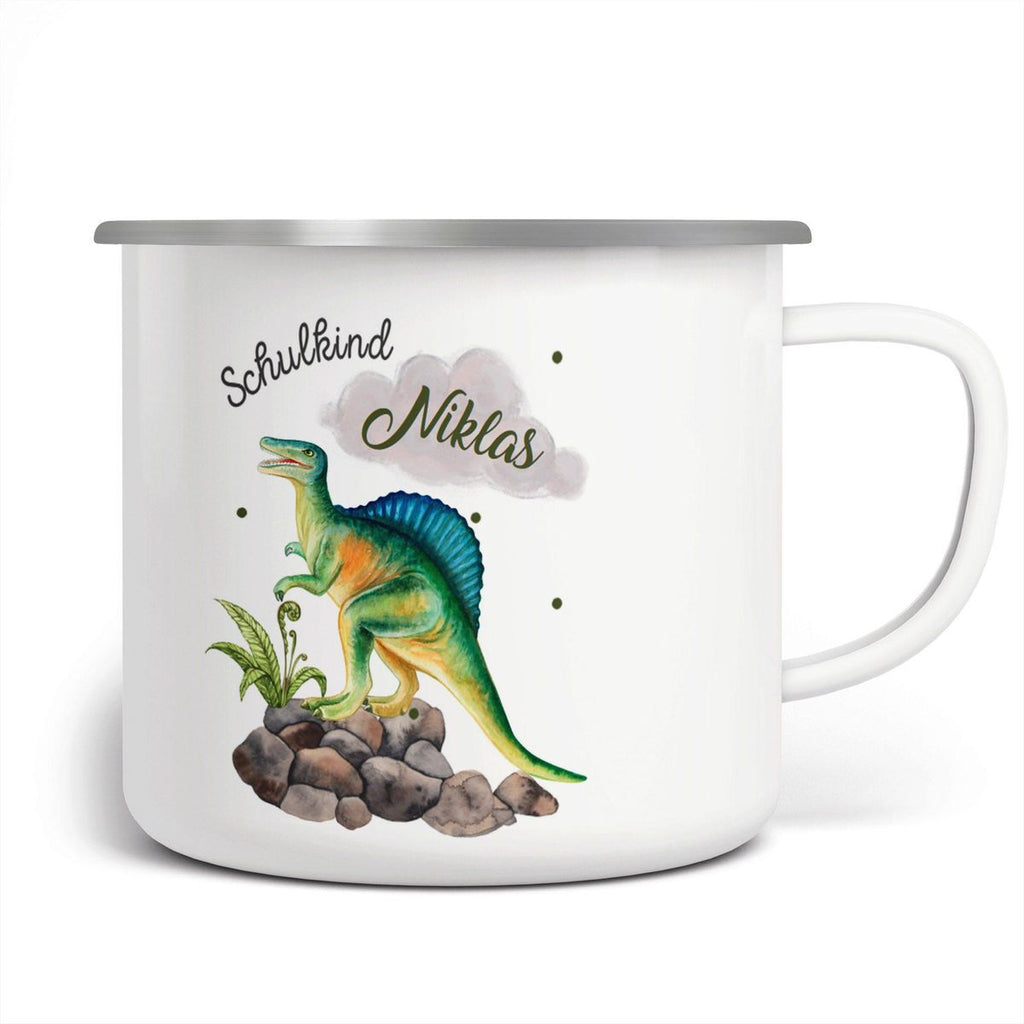 Emaille Tasse Schulkind Spinosaurus Dinosaurier mit Wunschname - von Mikalino