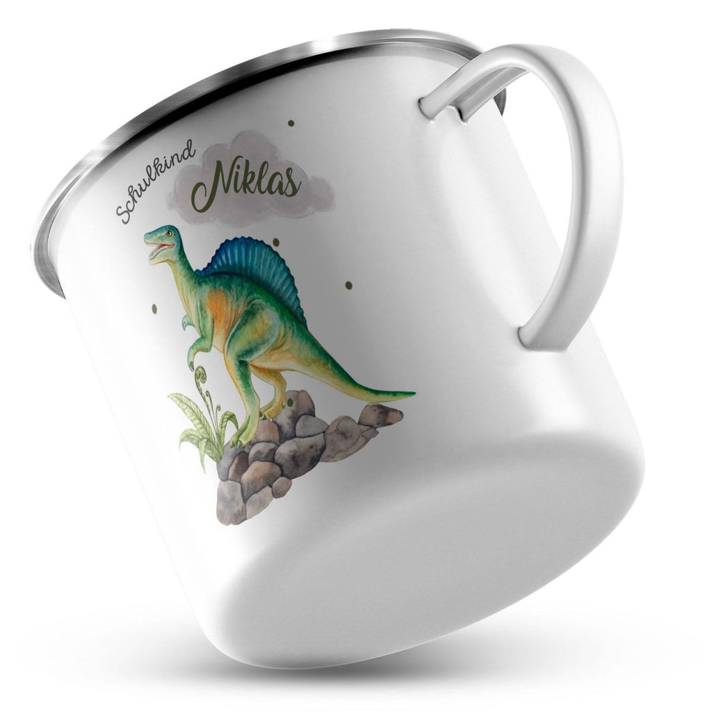 Emaille Tasse Schulkind Spinosaurus Dinosaurier mit Wunschname - von Mikalino