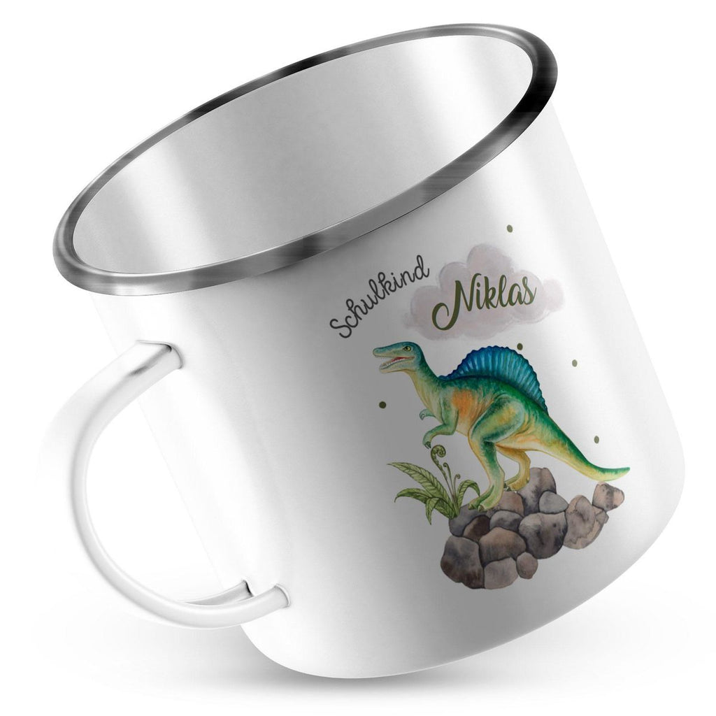 Emaille Tasse Schulkind Spinosaurus Dinosaurier mit Wunschname - von Mikalino